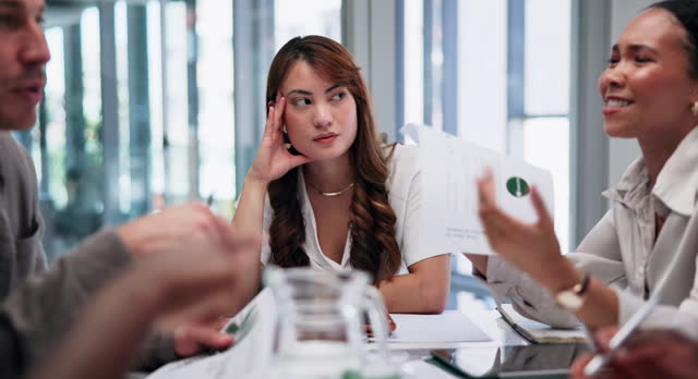 Frustrated, woman or angry business people in meeting for conversation, discussion or paperwork mistake. Talking, argument or employee with stress, burnout or headache in crisis listening to bad news