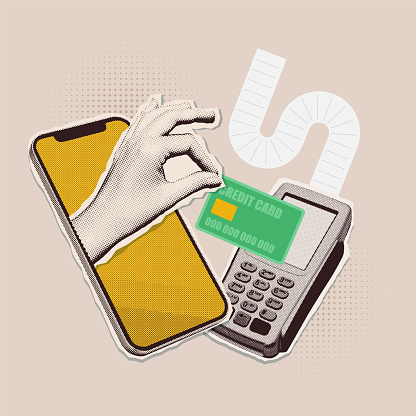 Retro collage of online payment for purchases. Halftone effect hand holding credit card in vintage 80s 90s style. Vector illustration.