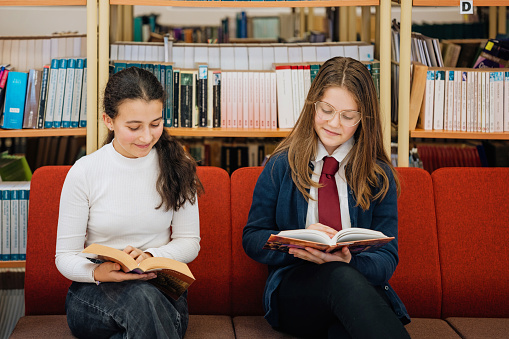 Two junior high students reading in the library together