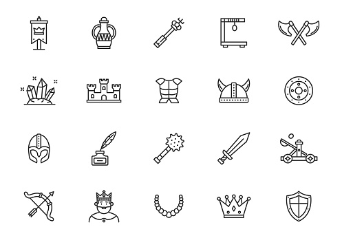 Medieval vector line icon set. Knight castle king battle throne icons, medieval crown sword symbol