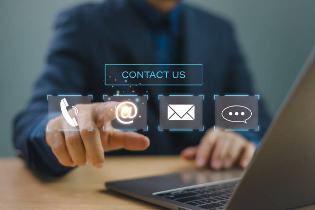 istock Contact us banner background concept. Customer work page support, business web technology icon service connect people, email, address, live chat message and call phone. Company website info network 2015534027