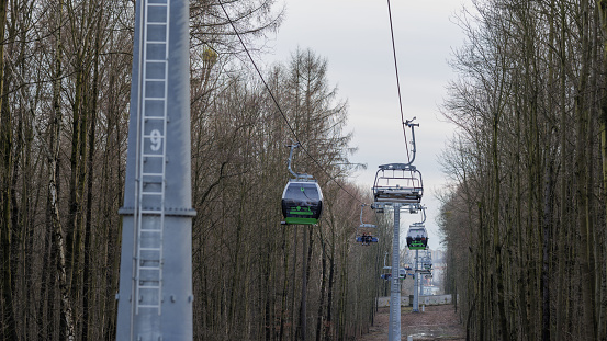 Chorzow, Poland , February 2, 2024: Cable car (ELKA) in the Silesian Park in Chorzów. A new section between the Amusement Park and the Planetarium.