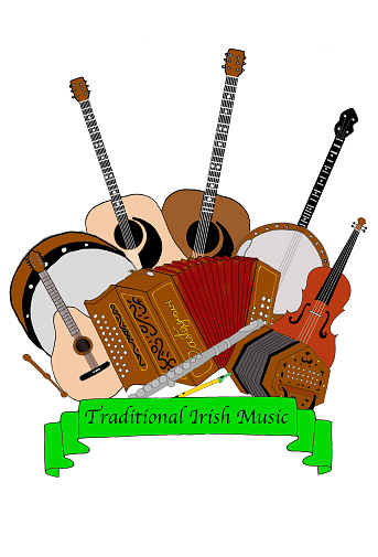 Vector Illustration of traditional Irish folk musical instruments as used in a pub or festival music session, and ceilidh or ceili.  Mandolin, Bodhran, Accordion, Melodeon, Flute, Tin Whistle, Fiddle or Violin, Guitar, Banjo,  Squeesbox or Concertina and button accordion.   Irish Traditional Music written on Green banner