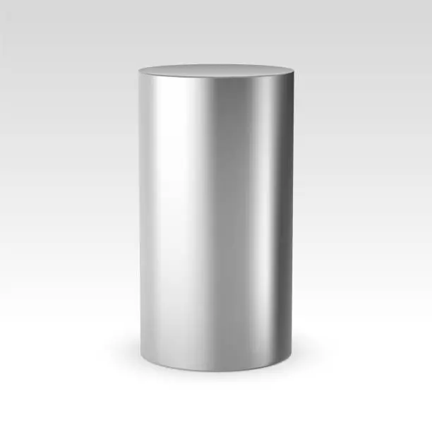 Vector illustration of 3d silver cylinder metal pedestal 3d template. Silver cylinder steel pillar stainless metal pipe mock up.