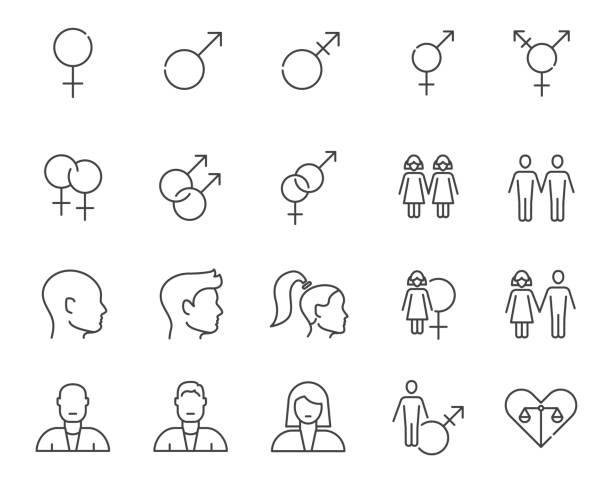 Gender line icon set, female male lgbt symbol equality. Human sex symbol transgender identity logo icon. Gender line icon set, female male lgbt symbol equality. Human sex symbol transgender identity logo icon pixelated face man stock illustrations