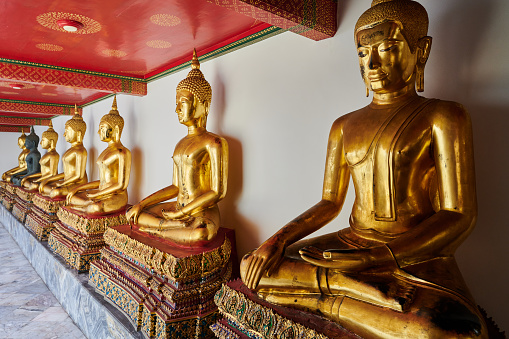 Gold coated buddhist staues lined up at Wat Pho temple. Phra Nakhon District. Bangkok. Thailand.