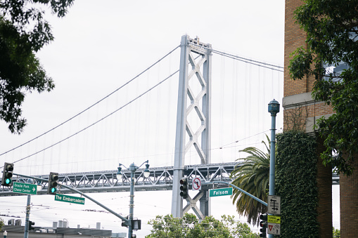 The San Francisco-Oakland Bay Bridge in California, USA.   Viewed between buildings and trees in downtown San Francisco.
