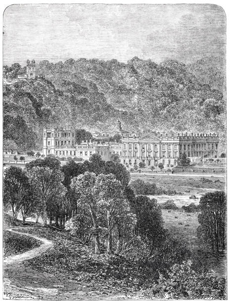 Chatsworth Illustration from 19th century. chatsworth house stock illustrations