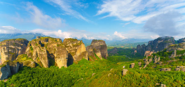 Landscape with monasteries and rock formations in Meteora, Greece.