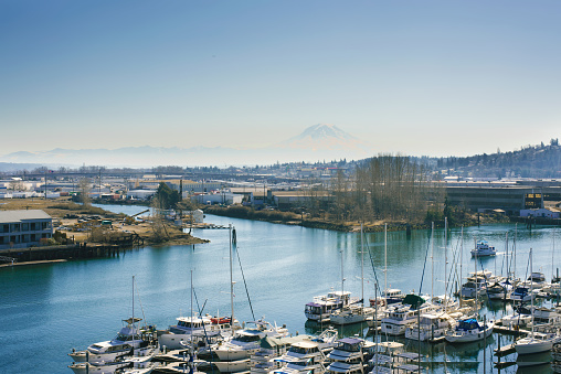 Tacoma, Washington, USA. Puget Sound Yachts and Rainier Volcano View