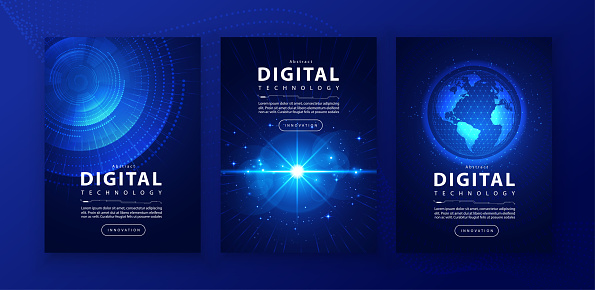 Poster brochure cover banner presentation layout template, technology digital futuristic internet network connection blue background, abstract cyber future tech communication, Ai big data science 3d