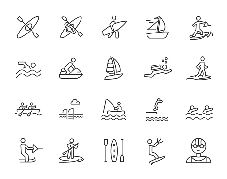 Watersport extreme pictogram stroke icon. Surfing swim water sea sport lifestyle recreation