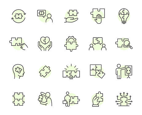 Puzzle jigsaw solution line icon. Puzzle piece vector stroke outline framework plan template.