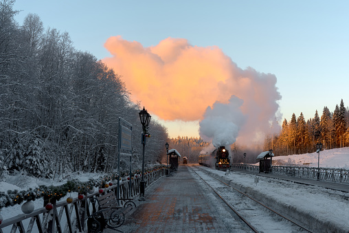 Arrival of a steam locomotive at the station, early winter morning. A retro train with strong steam from the chimney arrives at the Ruskeala station.