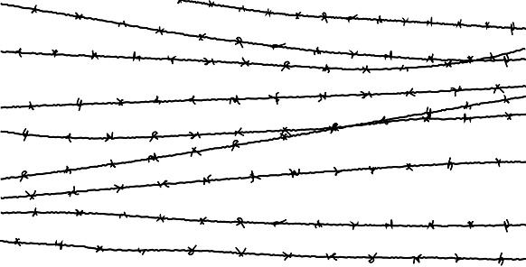 Barbed wire vector fence barbwire border chain. Prison line war barb background metal silhouette.