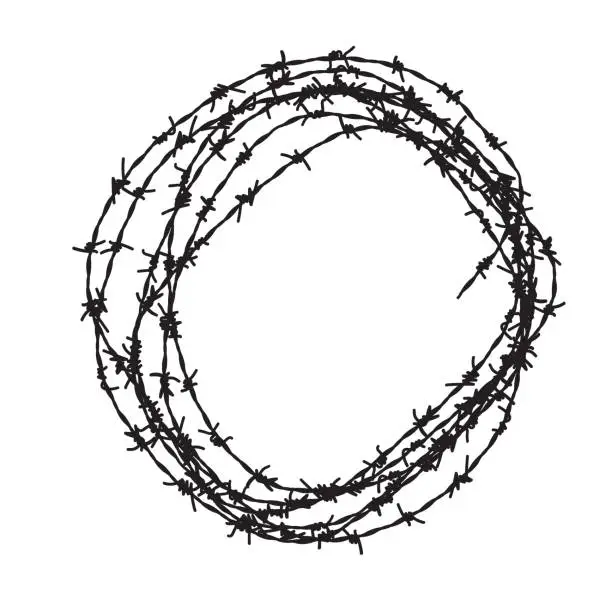 Vector illustration of Barb wire circle vector fence frame. Barbed round wire ring prison logo