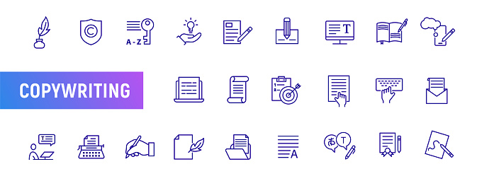 Writer pen line icon set. Write hand blog or book feather article design. Letter stroke note symbol set.