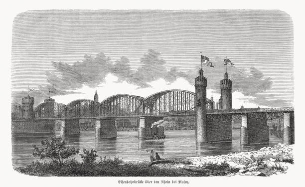 ilustraciones, imágenes clip art, dibujos animados e iconos de stock de vista histórica de südbrücke, maguncia, alemania, xilografía, publicada en 1869 - railroad crossing bridge river nautical vessel