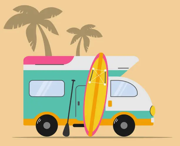 Vector illustration of Vector illustration of summer fun while surfing, surf van, retro style, surfboard and palm trees in the background