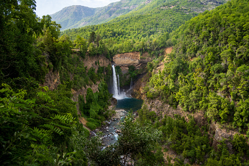 Waterfall the Salto Velo de la Novia in Parque Nacional Radal Siete Tazas in Chile during the summer