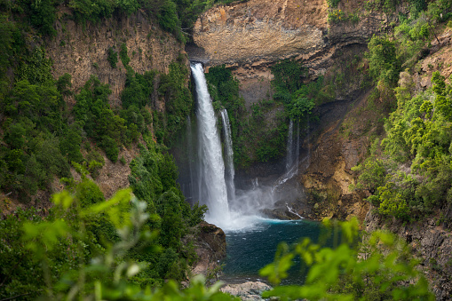 Close up of the waterfall the Salto Velo de la Novia in Parque Nacional Radal Siete Tazas in Chile during the summer