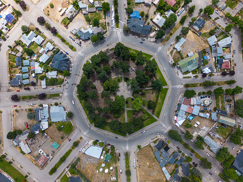 Aerial view of the Grand Roundabout in Trevelin in Argentina with the Plaza de Trevelin in the center