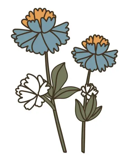 Vector illustration of Flower with blue, yellow and white flowers. Branch with flowers and leaves. Flat vector illustration. Vintage style with outline.