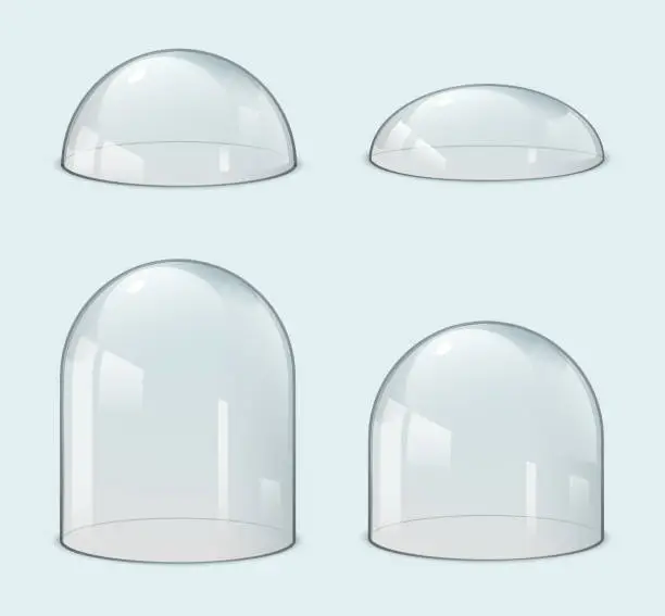 Vector illustration of Glass dome bell jar cover. 3d transparent vector glass dome protection case hemisphere empty glassware