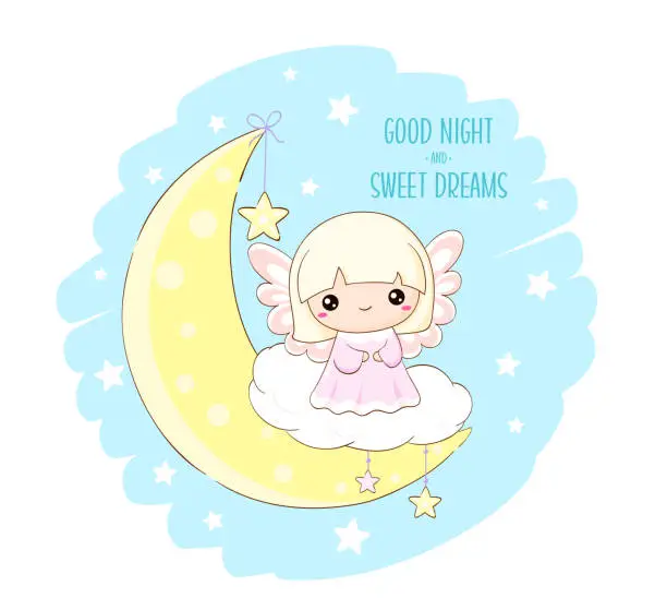 Vector illustration of Cute Christmas angel on moon. Inscription Good night and sweet dreams. Little angel on crescent. Can be used for childish t-shirt prints, nursery poster, baby shower greeting card. Vector EPS8