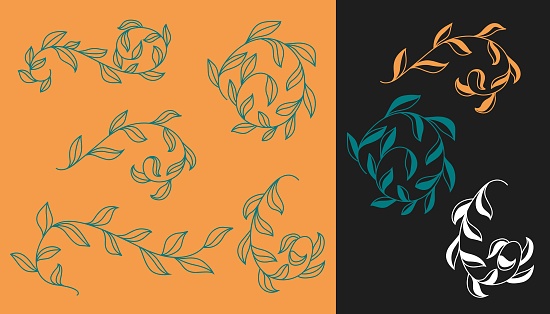 Set of beautiful curls with leaves in vector. Leafy decor in vector.