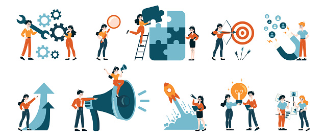 Teamwork and Goal Setting set. Professionals engaging in problem-solving and target achievement. Cooperative tasks, innovation launch, and idea sharing. Flat vector illustration
