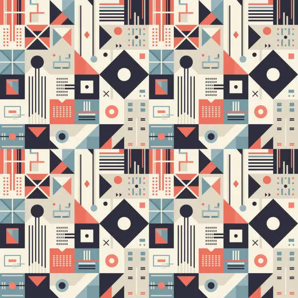 Vector illustration of Abstract seamless pattern in retro style with geometric shapes and lines, flat vector illustration