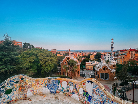 Barcelona Skyline from a High Vantage Point at Park Güell at Sunset in Spain