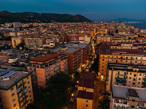 Vibrant-Colored Apartments on the Coast of Salerno Italy in the Summer at Dusk
