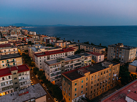 Vibrant-Colored Apartments on the Coast of Salerno Italy in the Summer at Dusk