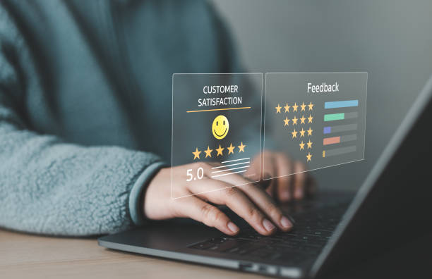 istock Customer satisfaction survey concept. User feedback and review satisfaction, Service experience rating online application, 5 star score happy smile, Evaluation of product service quality by customers. 2015740257