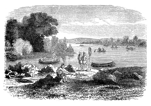 North American native red indians go fishing with canoes and nets, 19th century illustration