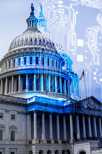 A digital overlay on the United States Capitol with digital circuitry in the background. Legal Implications of Ai