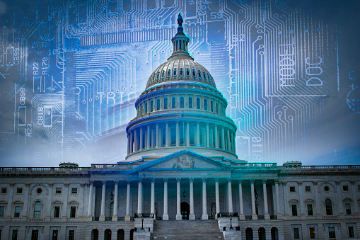 The United States Capitol with digital circuitry in the background. Ai regulation and technology