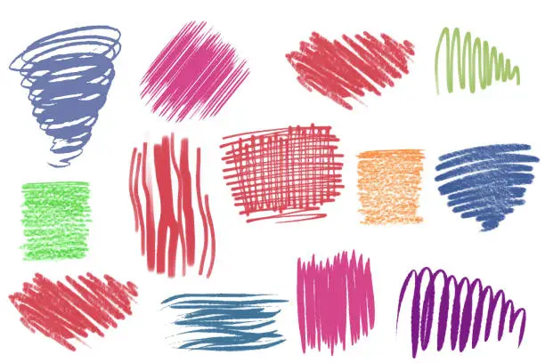 Vector illustration of Colorful charcoal pencil curly horizontal lines. Squiggles and scribbles, doodle lines.