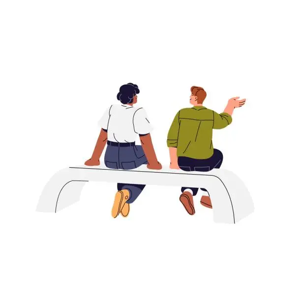 Vector illustration of Romantic couple sits, relax on bench together. People meeting on seats, talk back view. Friends, acquaintances communicate, chat in city park. Flat isolated vector illustration on white background