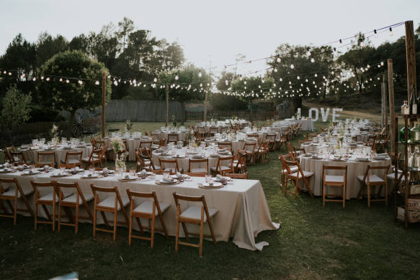istock Table for wedding celebration. Elongated table located in the meadow on green grass, at the end of the table there is a illuminated sign that says love. 2015770991