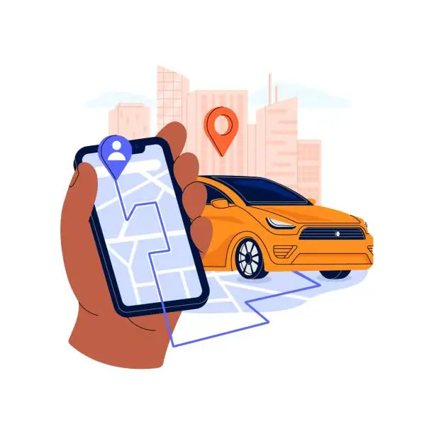 Vector illustration of Carsharing service in smartphone. People rent car. Automobile sharing, rental booking in phone app. Route, road to auto on map. City transport. Flat isolated vector illustration on white background