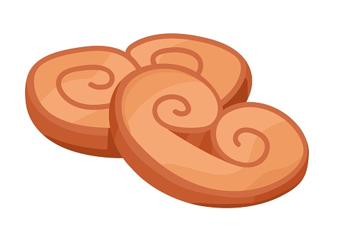 Palmier, elephant ears cookies. French puff pastry. Fresh backed food with heart, butterfly shape. Crispy sweet bakery, flaky flour goods. Flat isolated vector illustration on white background.