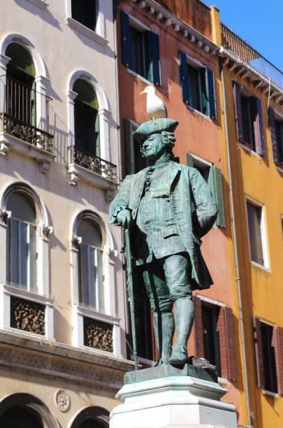 statue des berühmten venezianischen schriftstellers carlo goldoni mit möwe - carlo goldoni stock-fotos und bilder
