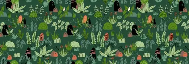 Vector illustration of Seamless pattern with bushy green plants. Vector illustration in flat style. Design for fabric and more.