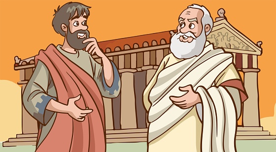 two great philosopher greek thinkers vector illustration. Philosophy, metaphysics, reflections, wisdom, idea.Male cartoon characters with beard and toga talking in vector illustration.