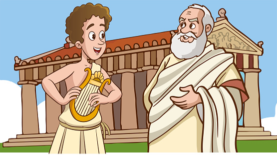 two great philosopher greek thinkers vector illustration. Philosophy, metaphysics, reflections, wisdom, idea.Male cartoon characters with beard and toga talking in vector illustration.