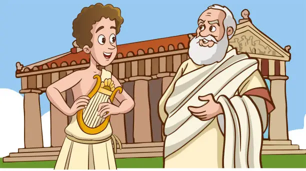 Vector illustration of two great philosopher greek thinkers vector illustration. Philosophy, metaphysics, reflections, wisdom, idea.Male cartoon characters with beard and toga talking in vector illustration.