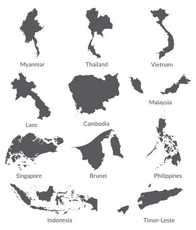 Southeast Asia country Map. Map of Southeast Asia in grey color.